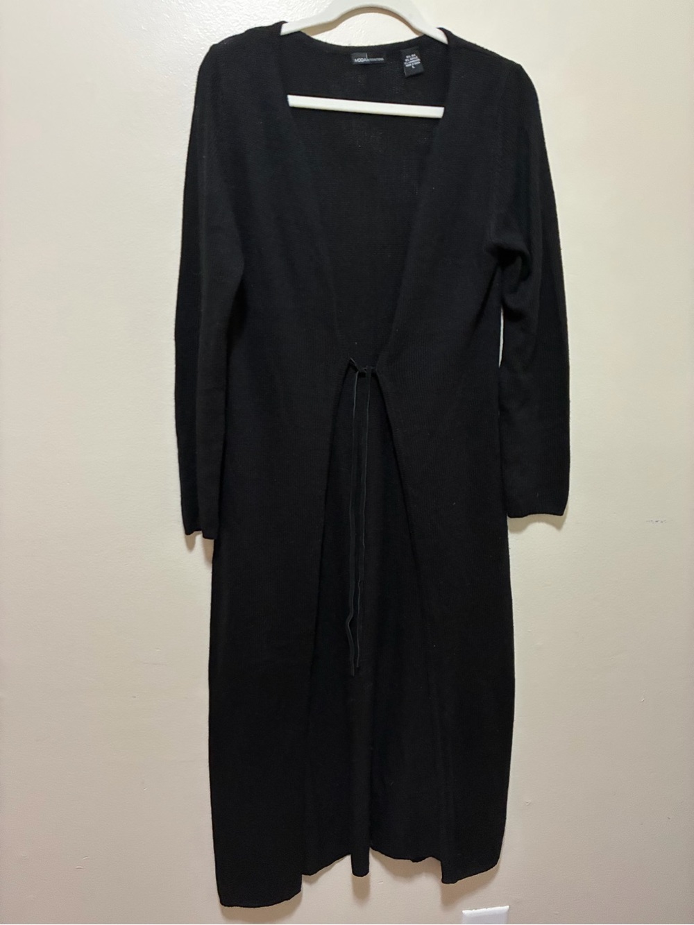 Moda International Long Black Open-Front Wool Silk Knit Duster Cardigan large